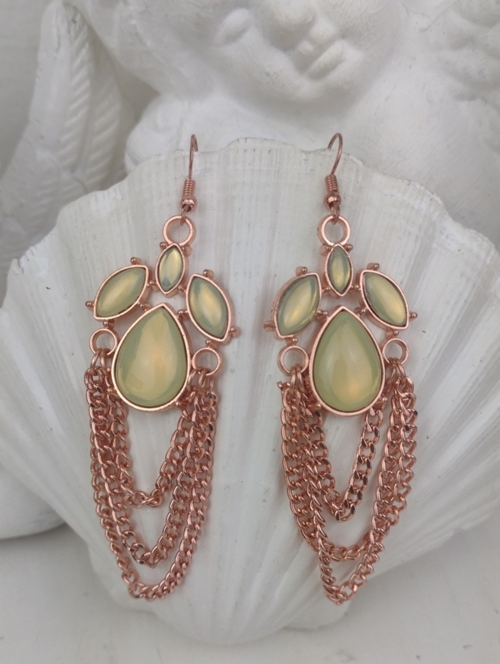 Rose Gold Drop Chain Fringed Earrings with Chartreuse Yellow Opal Stones